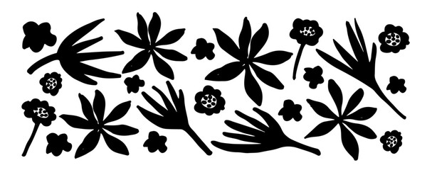 Floral set with silhouettes flowers chamomile and exotic leaf. Black and white hand drawn botanical background. Monochrome botanical wallpaper with simple plants