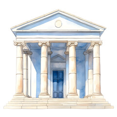Obraz premium A classic architectural illustration of a colonnaded building with a blue door and pristine columns, ideal for various design projects.
