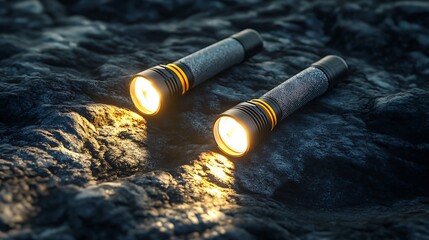 Illuminated Adventure: 3D Render of Dual Flashlight Beams, White and Yellow, Crossing Rugged Outdoor Terrain with Sharp Shadows, Top View Perspective