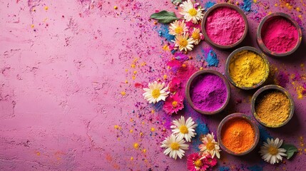 Colorful Holi Festival Decorations with Vibrant Powders and Flowers on Magenta Background