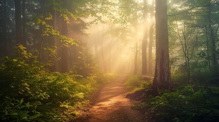 Obraz premium A winding path through a dense forest, shrouded in fog, with sun rays breaking through the canopy and illuminating the trail