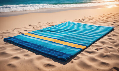 A blue and yellow striped beach towel lays on the sand near the ocean