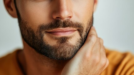 Obraz premium Close-up of a focused marketer, their hand supporting their chin as they strategize their next campaign, isolated on a crisp, white surface