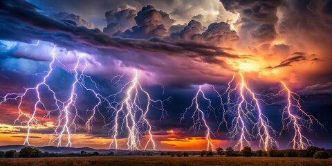 Dramatic Lightning Strikes Over Sunset Landscape, Nature, Storm, Thunderstorm