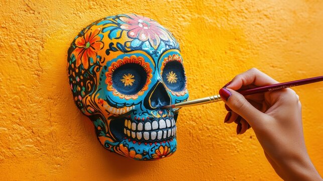 Creative young artist painting a vibrant D&Atilde;&shy;a de los Muertos sugar skull, isolated on a vibrant, ochre background