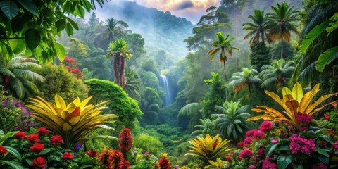 Obraz premium Lush rainforest filled with vibrant foliage and colorful flowers, showcasing untouched natural beauty and serenity