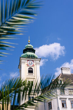 A church tower in Vienna, Austria with a green roof
