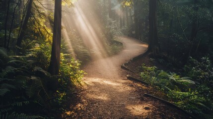 Fototapeta premium A winding path through a dense forest, shrouded in fog, with sun rays breaking through the canopy and illuminating the trail