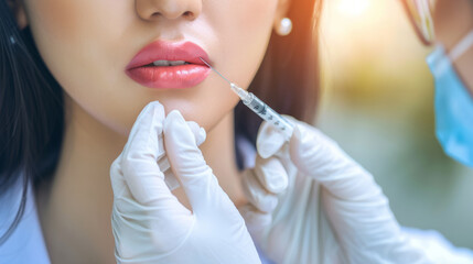 Close up of a woman's lips receiving Beauty Facial skin injection, concept of cosmetic treatment, beauty enhancement, and aesthetic medicine