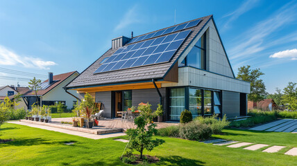 Obraz premium Dom z instalacją fotowoltaiczną. Czyste powietrze. Odnawialne źródła energii 