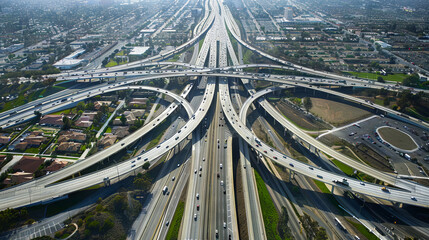 High altitude aerial view of a complex highway intersection. Concept of urban infrastructure, city...