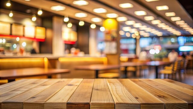 Empty wooden table in fast food restaurant setting with blurred background of bright lights, counter, and seating