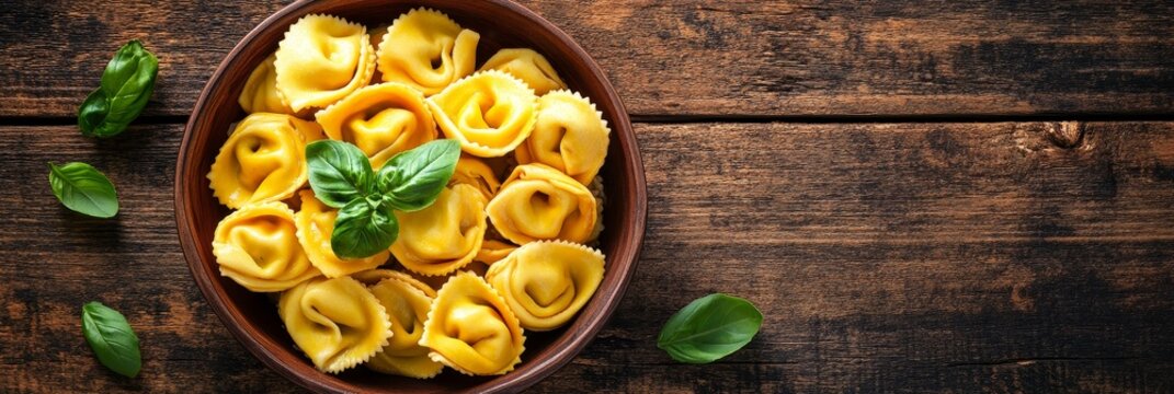 A close-up image of a bowl of fresh tortellini pasta topped with fresh basil leaves. The tortellini are arranged in a rustic wooden bowl against a rustic wooden background, representing simplicity, fr