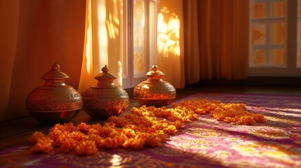 Elegant Diwali essentials with gilded lanterns and rangoli patterns on a regal, saffron-colored backdrop