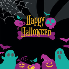 Happy Halloween poster flat style. Holidays card with magic characters ghosts, pumpkins, skulls, bats and lettering. Vector illustration with black background.