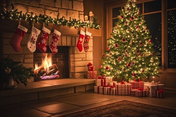 Fototapeta premium A beautifully decorated Christmas tree next to a fireplace