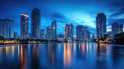 Fototapeta premium A dramatic twilight shot of high-rise buildings along the river, with the sky transitioning to deep blue and city lights beginning to twinkle, reflected in the water.