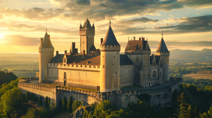 Fototapeta premium Majestic Medieval Castle Perched on Hill at Sunset. Concept of Historical Architecture, Ancient Ruins, Scenic Landscape, Dramatic Sky. Majestic Fortress, Chronological Artifacts, Travel Destination