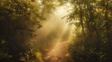 Obraz premium A winding path through a dense forest, shrouded in fog, with sun rays breaking through the canopy and illuminating the trail