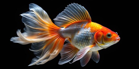 Fin-tastic Goldfish in Motion, Isolated on Black Background, Goldfish, Aquatic, Pet