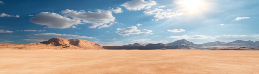 Naklejka premium A breathtaking view of a vast desert landscape under a bright sky, showcasing mountains and a serene atmosphere.