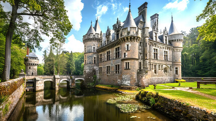 Obraz premium Picturesque Castle Surrounded by a Moat in a Scenic Natural Setting. Concept of Historic Architecture, Gothic Style, Fairy Tale Setting, Medieval Castle. Nature, Reflection, Travel Destination