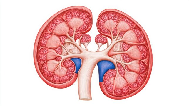 A cross-section of a kidney showing chronic disease progression, medical illustration, realistic style, isolated on white background