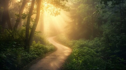 Obraz premium A winding path through a misty forest, with sun rays streaming through the fog and highlighting the greenery