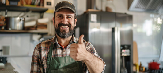 Smiling appliance repair technician in kitchen, standing in front of refrigerator and giving thumbs-up after successfully completing fridge repair. Concept of professional appliance service