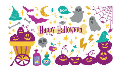 Happy Halloween collection.  Autumn holidays set with ghosts, pumpkins, skull, spider web, potion bottles. Cute llustration flat style on a white background. Vector elements for posters, postcards.