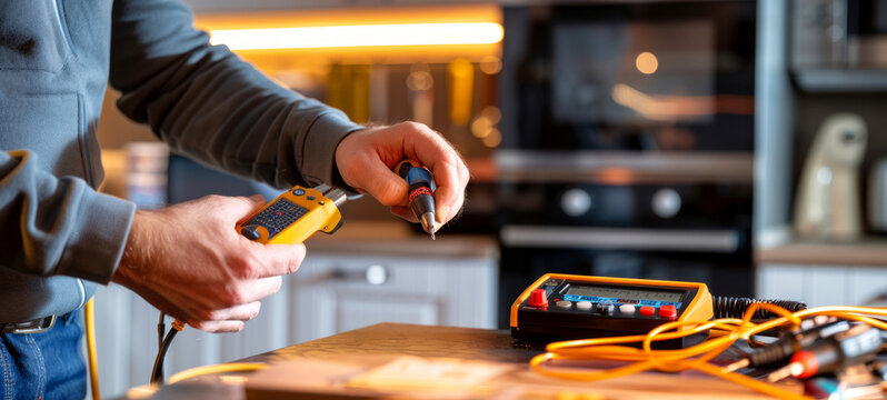 Technician Using a Multimeter to Check Electrical Components. Concept of Electrical Measurement, Electronics Repair, Hands-on Tools, Technical Expertise Application