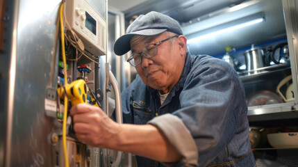 Asian Elderly Technician Working Inside a Refrigerator. Concept of Skilled Senior Worker, Home Appliance Repair, Technical Expertise, Professional Maintenance. Indoor Service Work