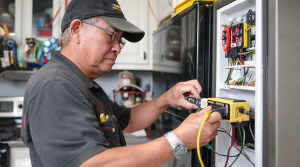 Asian Elderly Technician Working Inside a Refrigerator. Concept of Skilled Senior Worker, Home Appliance Repair, Technical Expertise, Professional Maintenance. Indoor Service Work