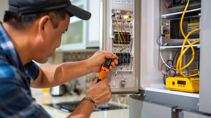 Asian man is using a multimeter to work on an electrical circuit breaker in a kitchen environment. Concept of electrical repair, maintenance, safety inspections, and home renovation