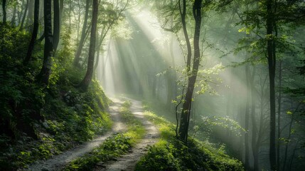 Obraz premium A winding path through a misty forest, with sun rays streaming through the fog and highlighting the greenery