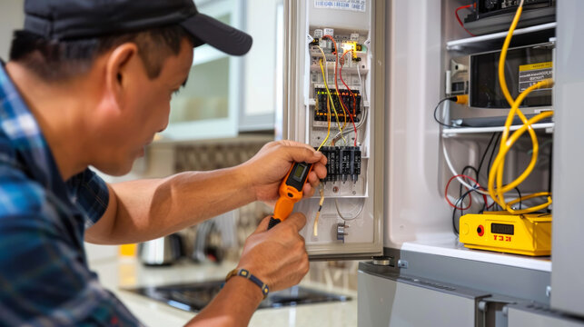 Asian man is using a multimeter to work on an electrical circuit breaker in a kitchen environment. Concept of electrical repair, maintenance, safety inspections, and home renovation