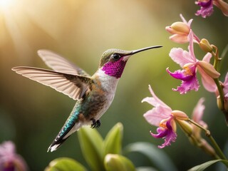 Obraz premium A colorful hummingbird with iridescent feathers hovers near bright pink flowers, feeding in warm sunlight.