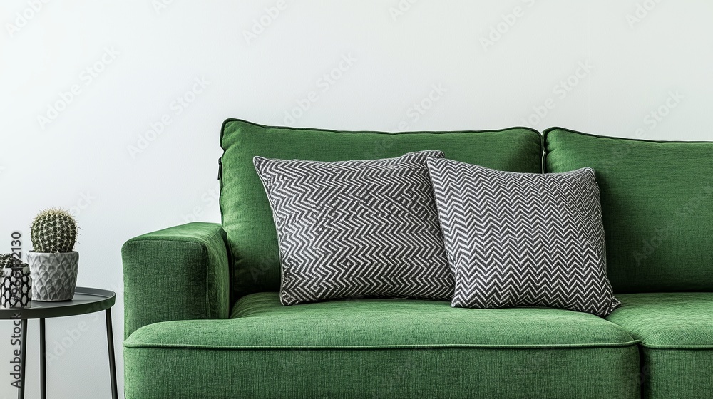 Wall mural Stylish green sofa adorned with geometric pillows in modern living room setting with minimalist decor