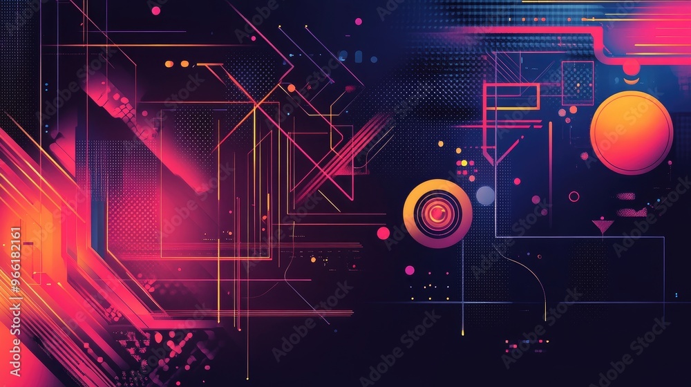 Poster a dynamic visual of abstract digital graphics and geometric shapes in bold colors, showcasing a high