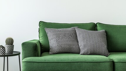 Stylish green sofa adorned with geometric pillows in modern living room setting with minimalist decor