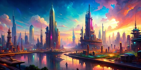 Obraz premium Futuristic Cityscape with Vibrant Sunset and Water Reflections, Digital Painting, Colorful Skyscrapers, Futuristic Architecture, Cityscape, Digital Art, Concept Art