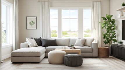 Fototapeta premium A family-friendly living room with a comfortable sofa, soft area rug, and playful designed to be both functional and inviting for guests and family gatherings.