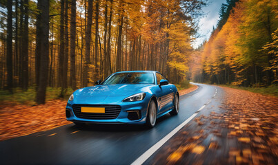 Fototapeta premium A blue sports car drives down a winding road through a forest in the fall