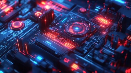 Obraz premium A close-up of a circuit board with glowing red and blue lights, symbolizing the interconnectedness of technology, the flow of data, and the power of artificial intelligence. The design evokes a sense 