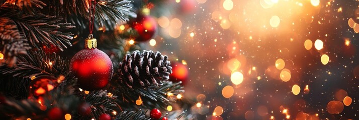 A close-up of a decorated Christmas tree branch with red ornaments, a pine cone, and sparkling lights. The warm background creates a festive and magical atmosphere, symbolizing joy, tradition, nature,