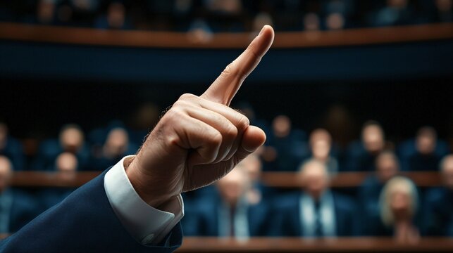Politician gesturing strongly during a parliamentary session as they make a point to fellow lawmakers