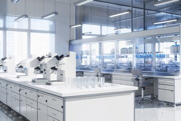 Outside View Of Empty Science Laboratory With White Desks, Microscopes And Other Scientific Equipments Outside View Of Empty Science Laboratory With White Desks, Microscopes And Other Scientific Equip