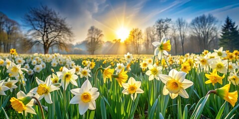 Golden Hour Daffodils A Field of Spring, Flower, Nature, Sunlight, Springtime