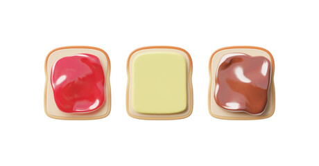 3d sandwiches with white bread, butter, red jam and chocolate paste on a white backgroun