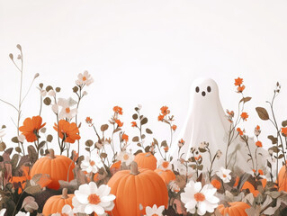 Fototapeta premium Festive Halloween Ghost and Pumpkins Scene